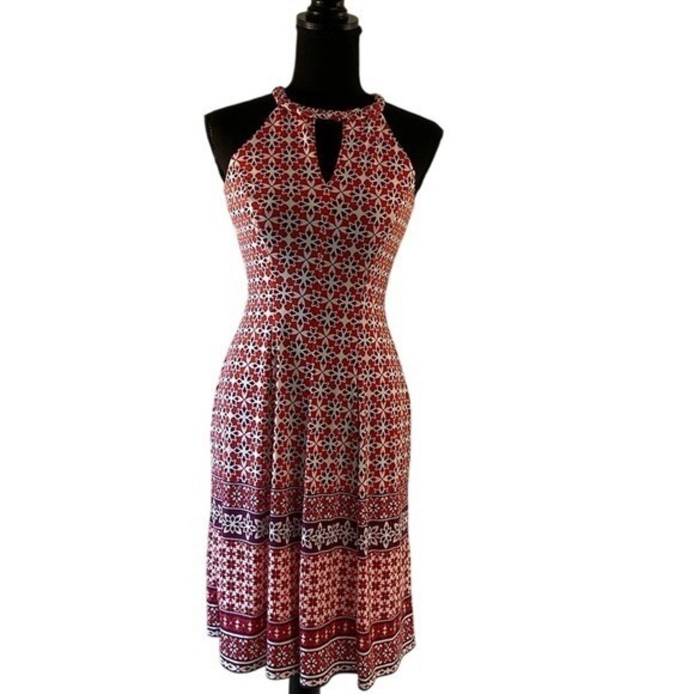 NWT Wisp Women Halter Dress Red Purple Geometric Medallion Size 0 Cyndie‎ Jersey